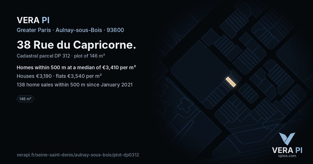 38 Rue du Capricorne, Aulnay-sous-Bois at night – the plot lit, the parcels around coloured by the prices near them