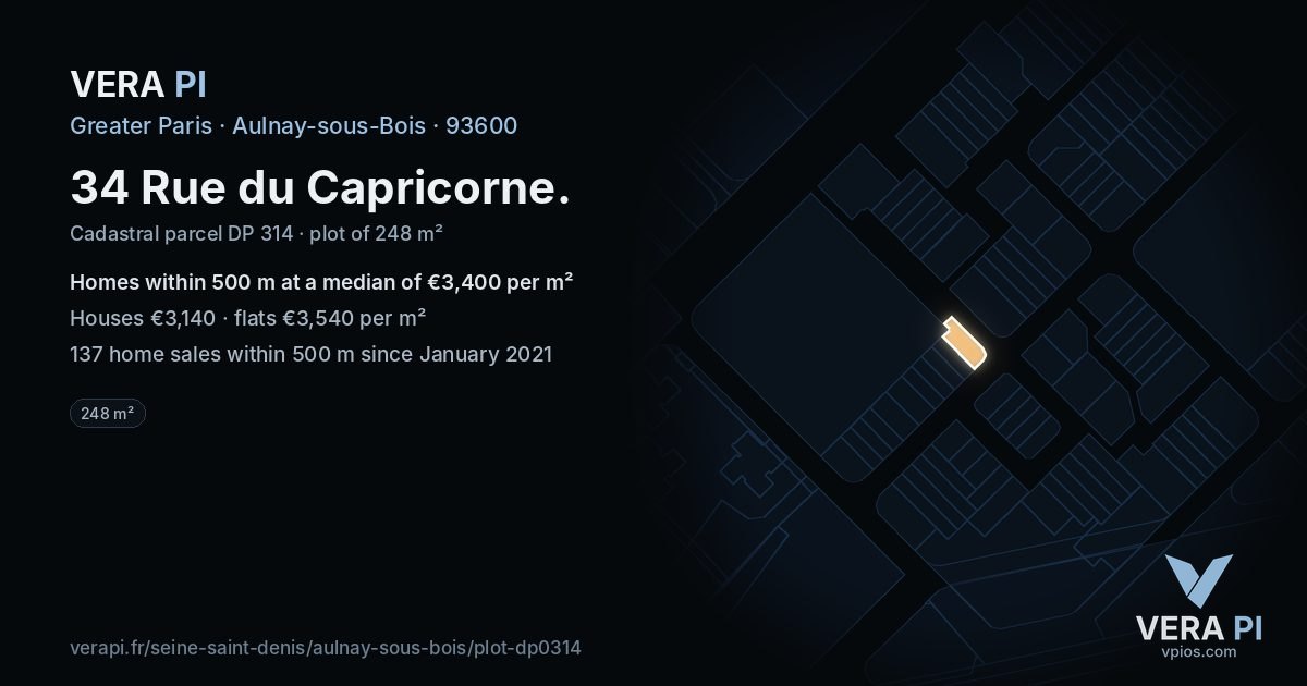 34 Rue du Capricorne, Aulnay-sous-Bois at night – the plot lit, the parcels around coloured by the prices near them