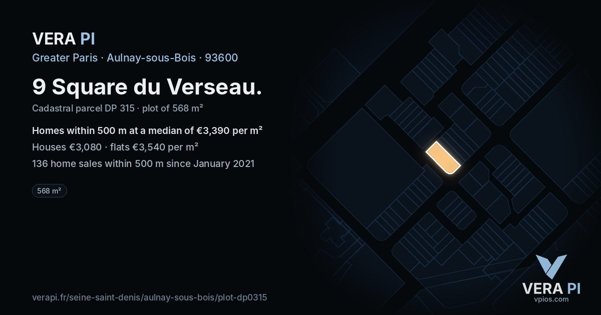 9 Square du Verseau, Aulnay-sous-Bois at night – the plot lit, the parcels around coloured by the prices near them