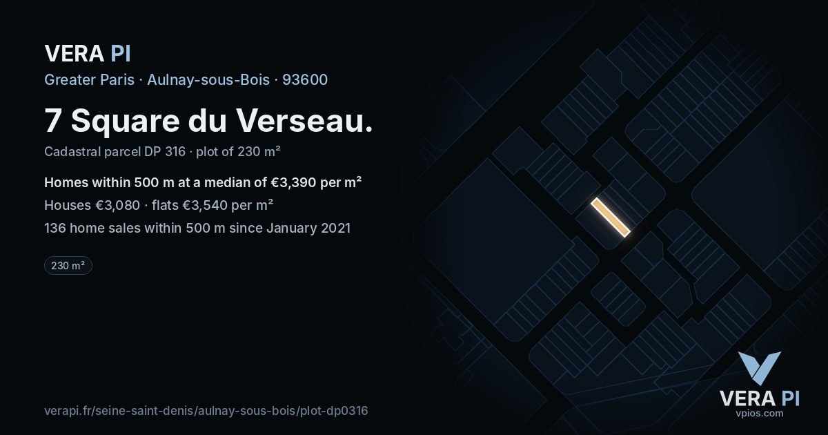 7 Square du Verseau, Aulnay-sous-Bois at night – the plot lit, the parcels around coloured by the prices near them