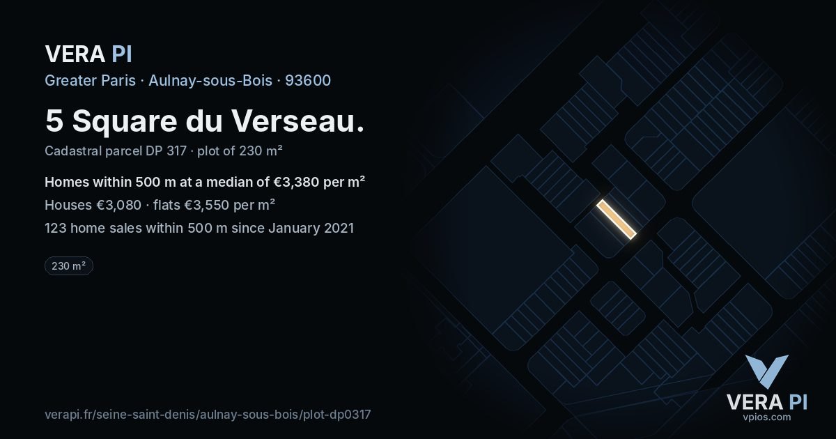 5 Square du Verseau, Aulnay-sous-Bois at night – the plot lit, the parcels around coloured by the prices near them
