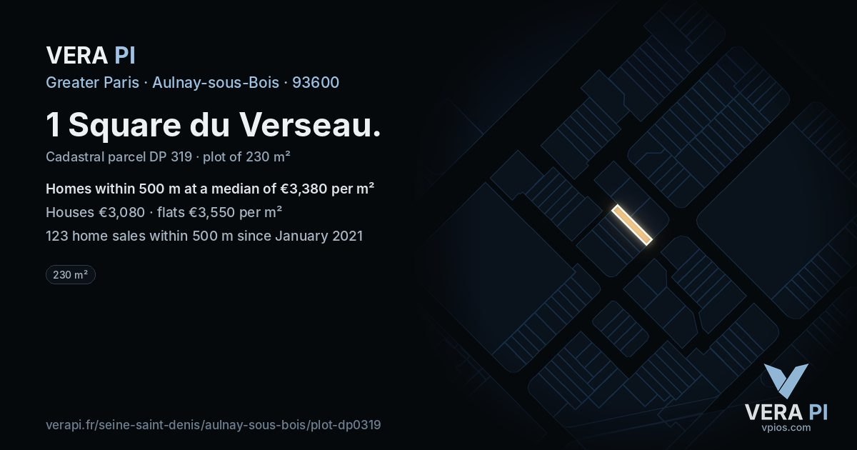 1 Square du Verseau, Aulnay-sous-Bois at night – the plot lit, the parcels around coloured by the prices near them