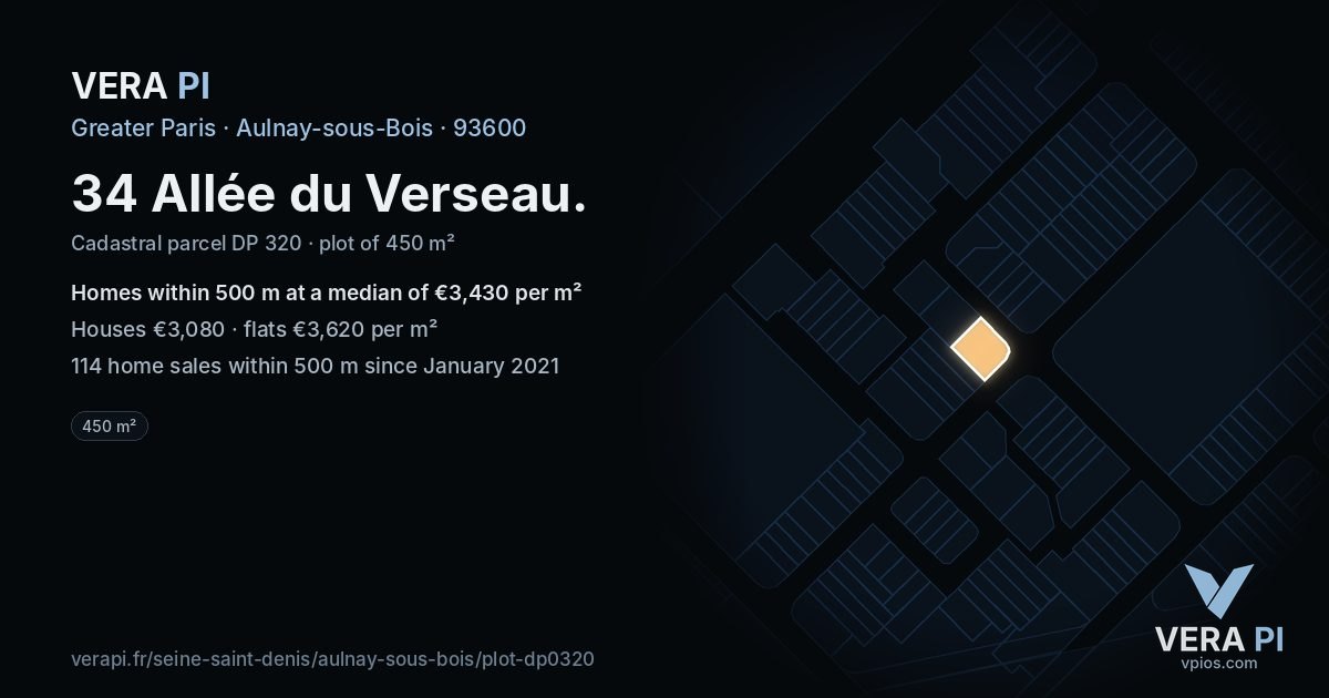 34 Allée du Verseau, Aulnay-sous-Bois at night – the plot lit, the parcels around coloured by the prices near them