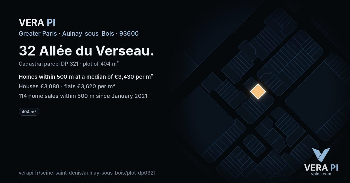 32 Allée du Verseau, Aulnay-sous-Bois at night – the plot lit, the parcels around coloured by the prices near them
