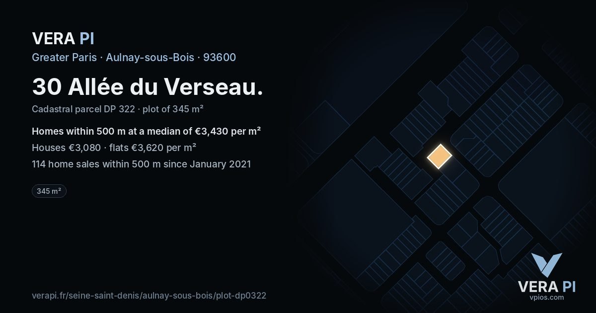 30 Allée du Verseau, Aulnay-sous-Bois at night – the plot lit, the parcels around coloured by the prices near them