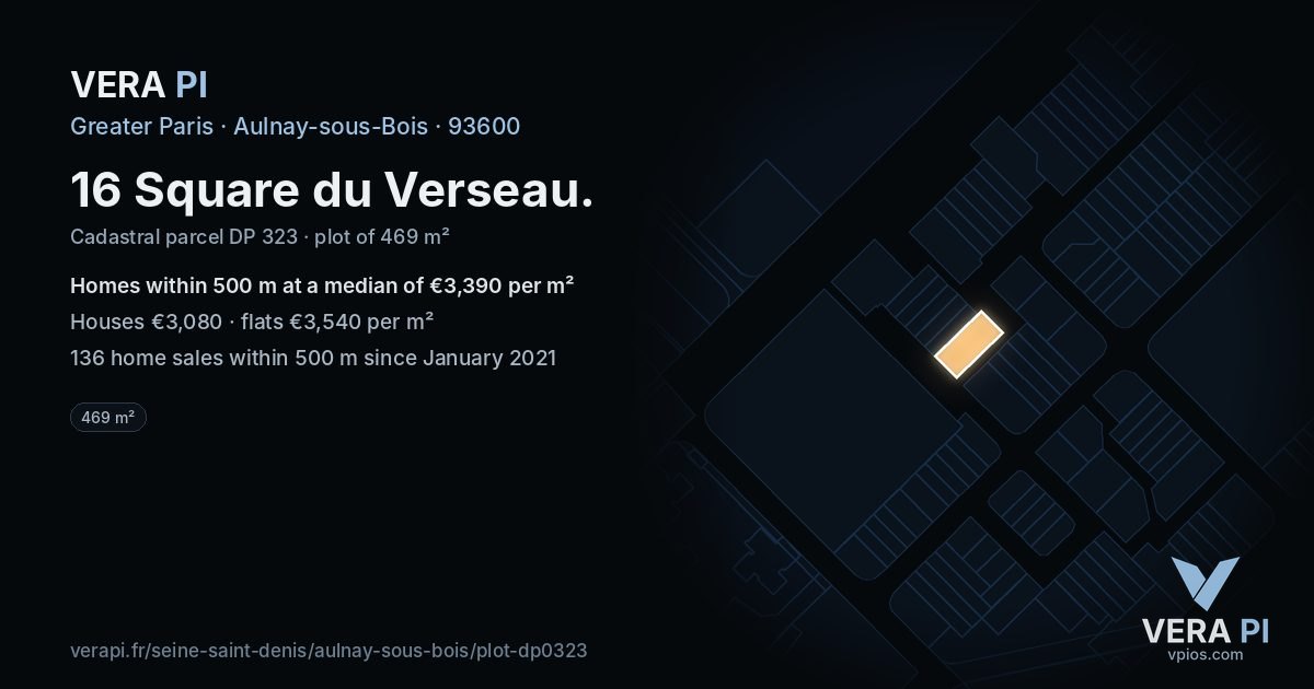 16 Square du Verseau, Aulnay-sous-Bois at night – the plot lit, the parcels around coloured by the prices near them