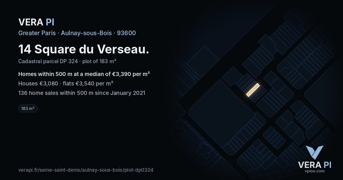 14 Square du Verseau, Aulnay-sous-Bois at night – the plot lit, the parcels around coloured by the prices near them