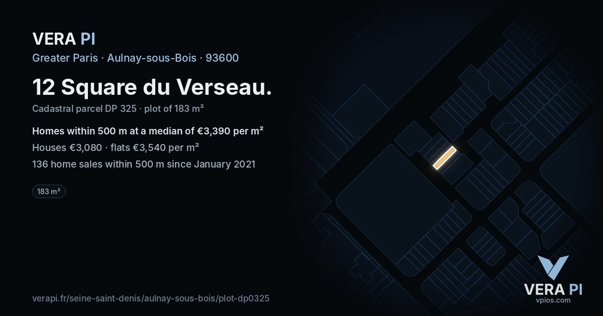 12 Square du Verseau, Aulnay-sous-Bois at night – the plot lit, the parcels around coloured by the prices near them