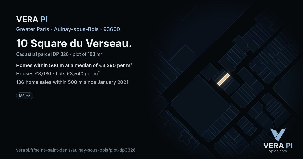 10 Square du Verseau, Aulnay-sous-Bois at night – the plot lit, the parcels around coloured by the prices near them