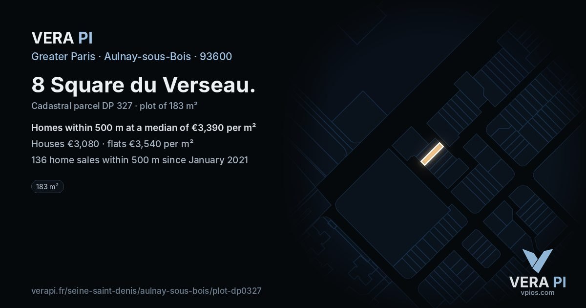 8 Square du Verseau, Aulnay-sous-Bois at night – the plot lit, the parcels around coloured by the prices near them