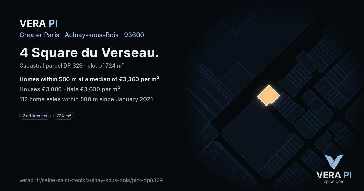 4 Square du Verseau, Aulnay-sous-Bois at night – the plot lit, the parcels around coloured by the prices near them
