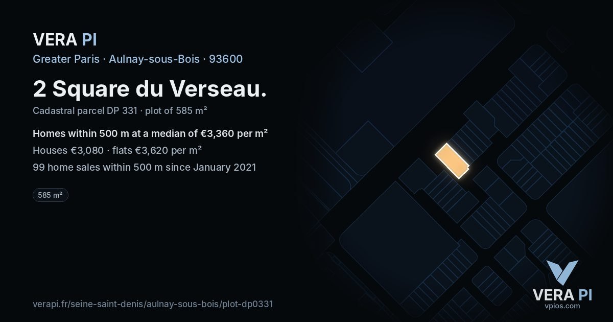 2 Square du Verseau, Aulnay-sous-Bois at night – the plot lit, the parcels around coloured by the prices near them