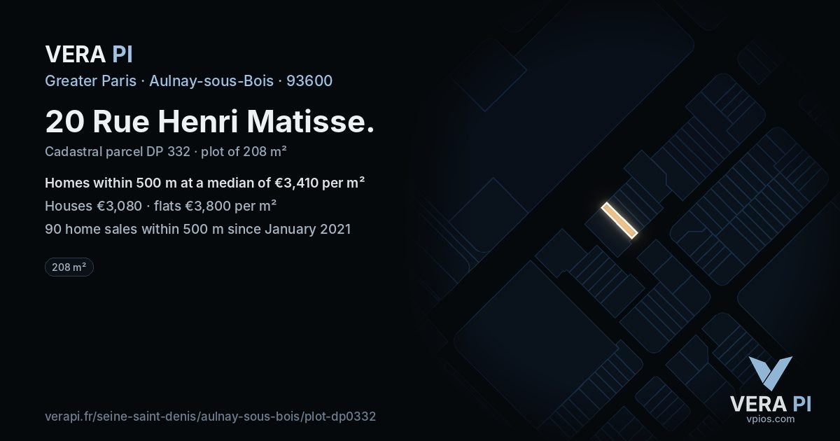 20 Rue Henri Matisse, Aulnay-sous-Bois at night – the plot lit, the parcels around coloured by the prices near them