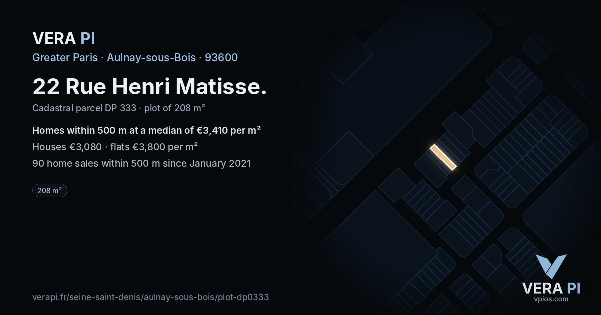 22 Rue Henri Matisse, Aulnay-sous-Bois at night – the plot lit, the parcels around coloured by the prices near them