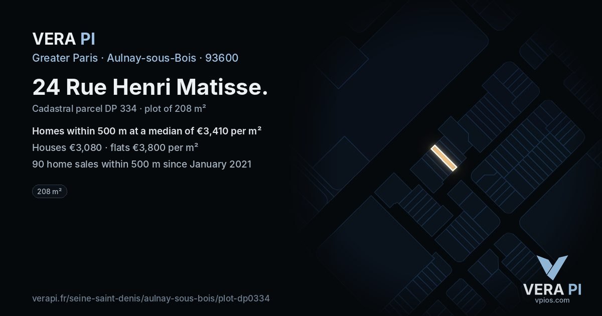 24 Rue Henri Matisse, Aulnay-sous-Bois at night – the plot lit, the parcels around coloured by the prices near them
