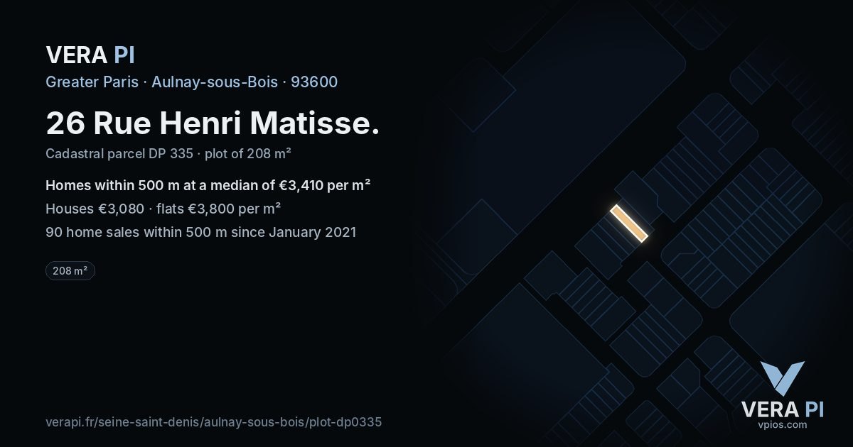 26 Rue Henri Matisse, Aulnay-sous-Bois at night – the plot lit, the parcels around coloured by the prices near them