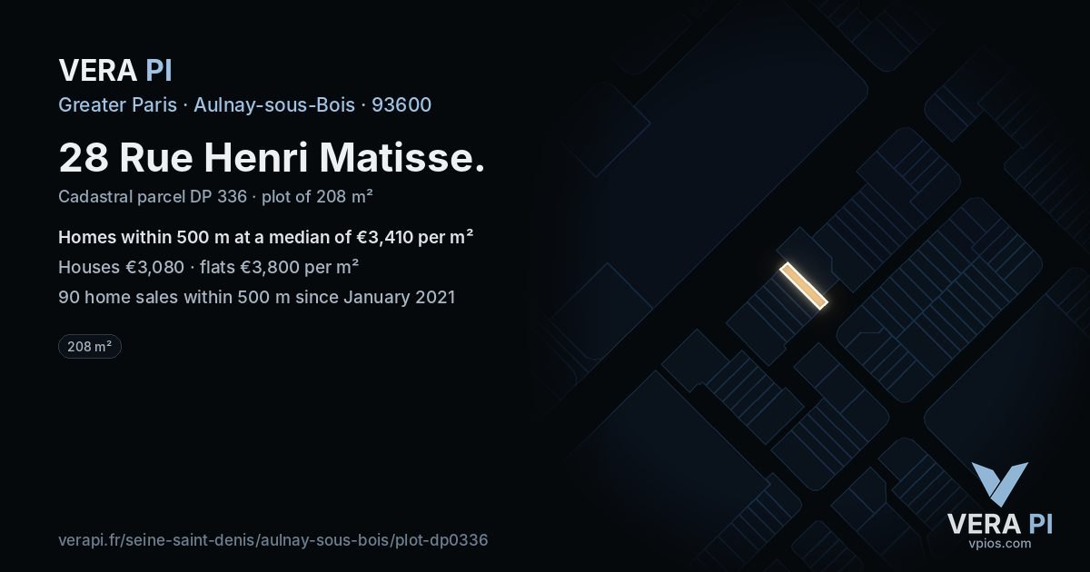 28 Rue Henri Matisse, Aulnay-sous-Bois at night – the plot lit, the parcels around coloured by the prices near them