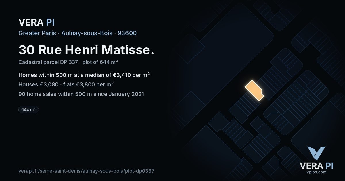 30 Rue Henri Matisse, Aulnay-sous-Bois at night – the plot lit, the parcels around coloured by the prices near them