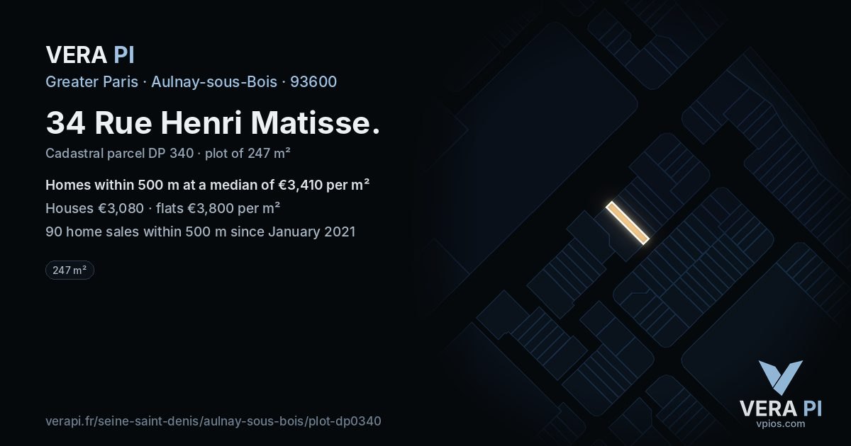 34 Rue Henri Matisse, Aulnay-sous-Bois at night – the plot lit, the parcels around coloured by the prices near them