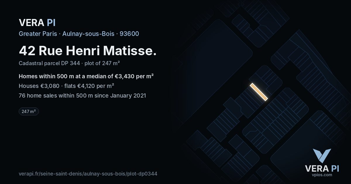 42 Rue Henri Matisse, Aulnay-sous-Bois at night – the plot lit, the parcels around coloured by the prices near them