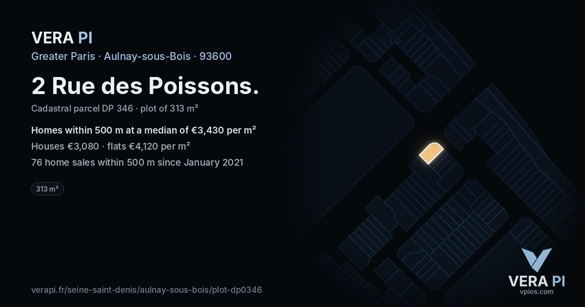 2 Rue des Poissons, Aulnay-sous-Bois at night – the plot lit, the parcels around coloured by the prices near them