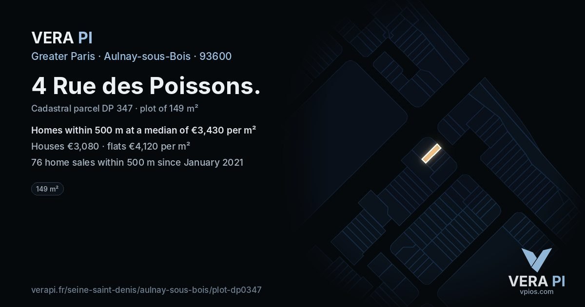 4 Rue des Poissons, Aulnay-sous-Bois at night – the plot lit, the parcels around coloured by the prices near them