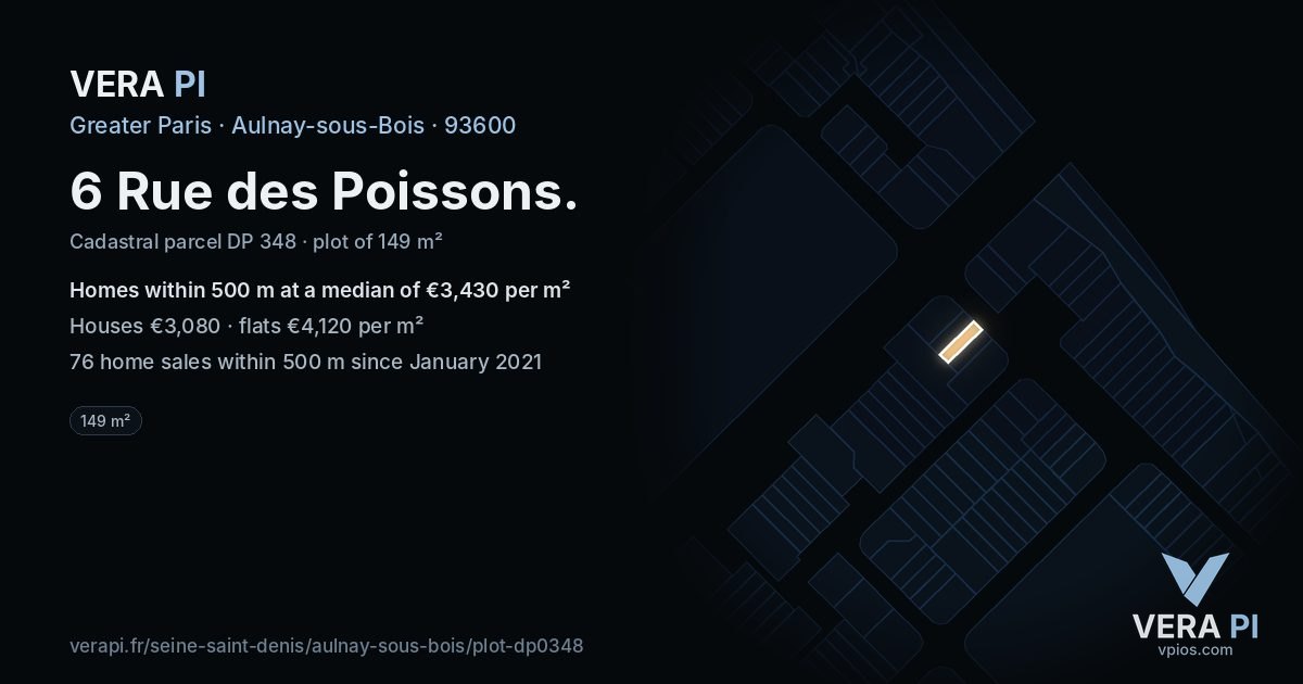 6 Rue des Poissons, Aulnay-sous-Bois at night – the plot lit, the parcels around coloured by the prices near them