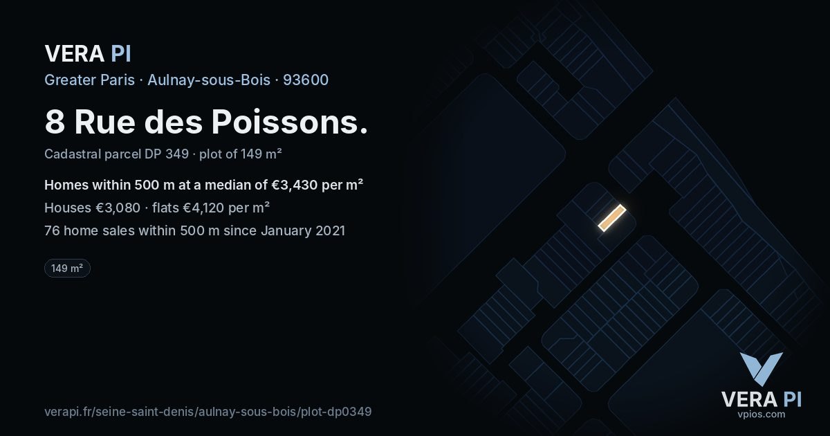 8 Rue des Poissons, Aulnay-sous-Bois at night – the plot lit, the parcels around coloured by the prices near them