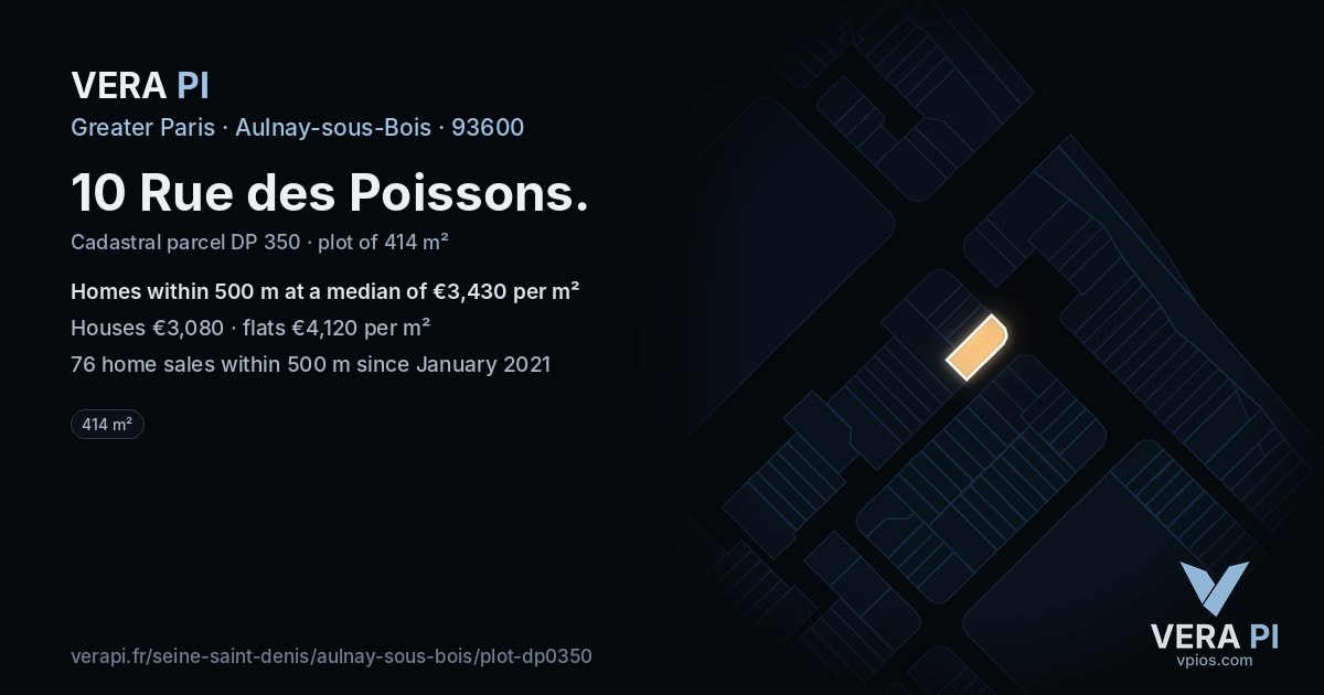 10 Rue des Poissons, Aulnay-sous-Bois at night – the plot lit, the parcels around coloured by the prices near them
