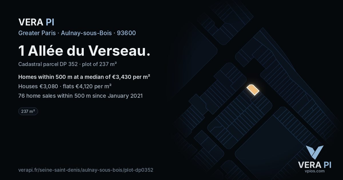 1 Allée du Verseau, Aulnay-sous-Bois at night – the plot lit, the parcels around coloured by the prices near them