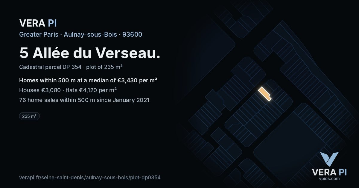 5 Allée du Verseau, Aulnay-sous-Bois at night – the plot lit, the parcels around coloured by the prices near them