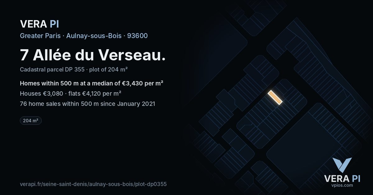 7 Allée du Verseau, Aulnay-sous-Bois at night – the plot lit, the parcels around coloured by the prices near them