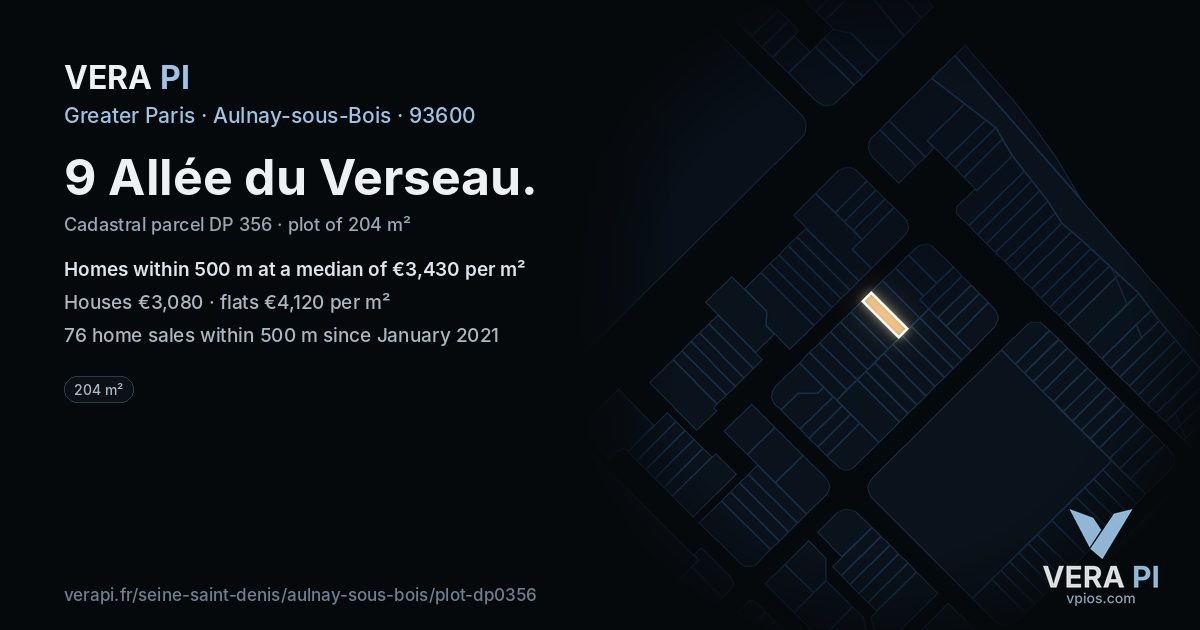 9 Allée du Verseau, Aulnay-sous-Bois at night – the plot lit, the parcels around coloured by the prices near them
