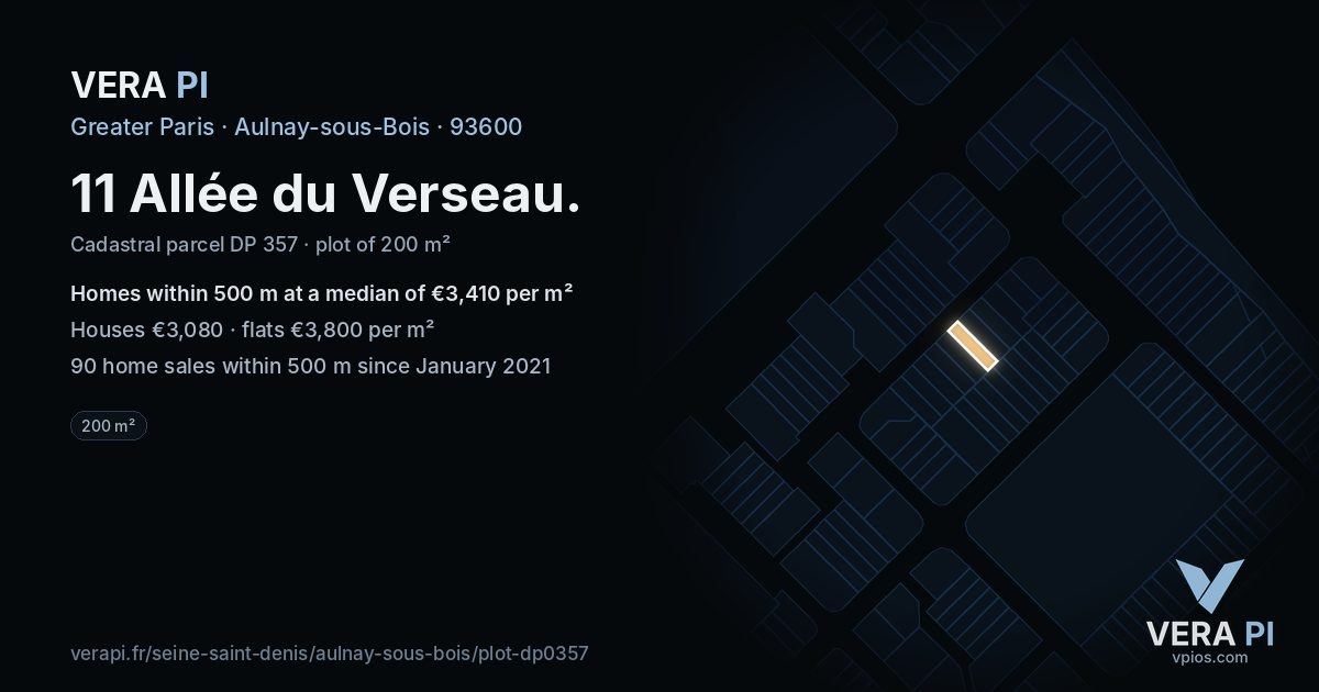 11 Allée du Verseau, Aulnay-sous-Bois at night – the plot lit, the parcels around coloured by the prices near them