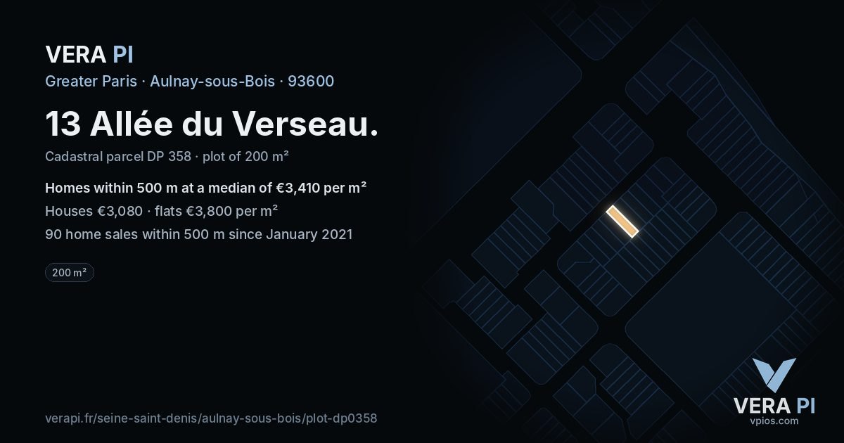 13 Allée du Verseau, Aulnay-sous-Bois at night – the plot lit, the parcels around coloured by the prices near them