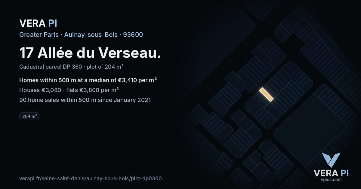 17 Allée du Verseau, Aulnay-sous-Bois at night – the plot lit, the parcels around coloured by the prices near them