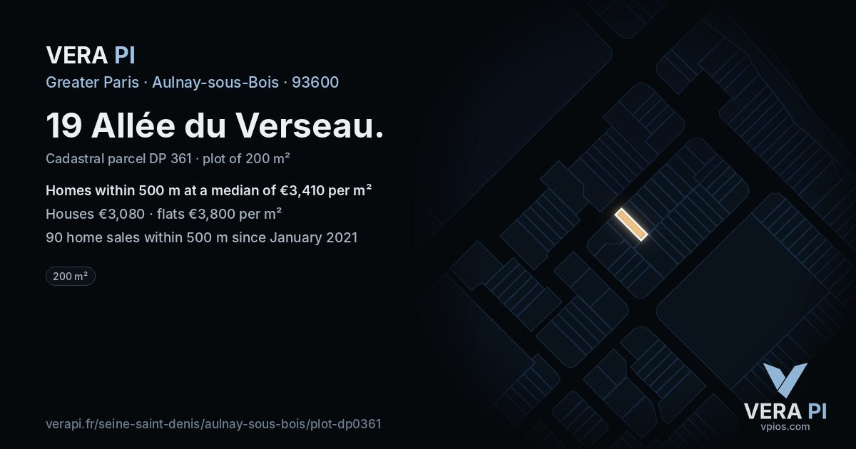 19 Allée du Verseau, Aulnay-sous-Bois at night – the plot lit, the parcels around coloured by the prices near them