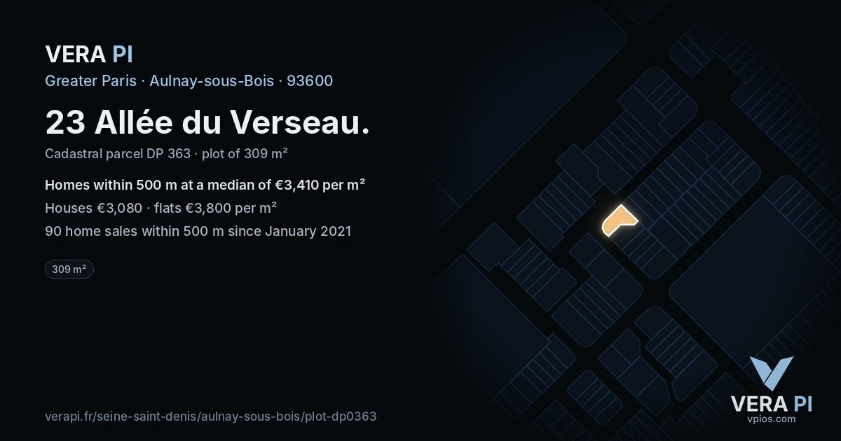 23 Allée du Verseau, Aulnay-sous-Bois at night – the plot lit, the parcels around coloured by the prices near them