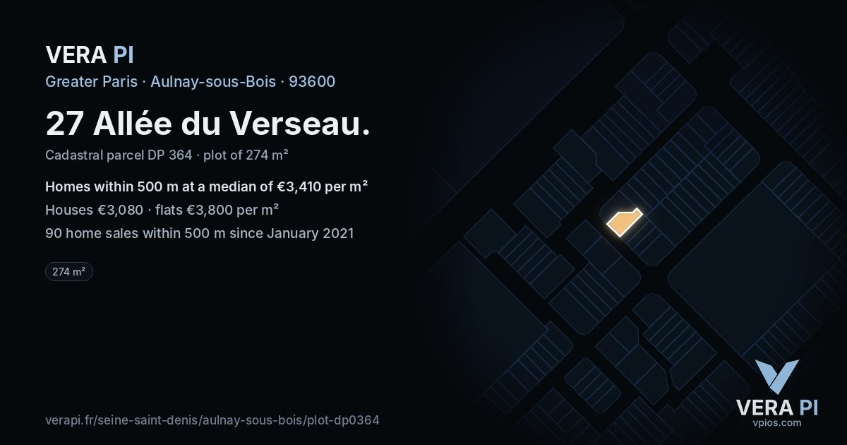 27 Allée du Verseau, Aulnay-sous-Bois at night – the plot lit, the parcels around coloured by the prices near them