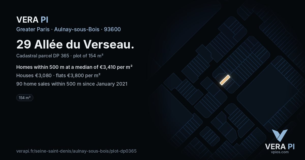 29 Allée du Verseau, Aulnay-sous-Bois at night – the plot lit, the parcels around coloured by the prices near them
