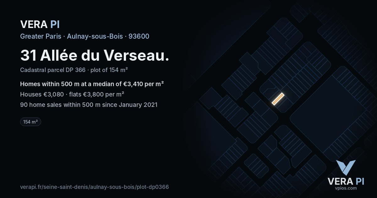 31 Allée du Verseau, Aulnay-sous-Bois at night – the plot lit, the parcels around coloured by the prices near them