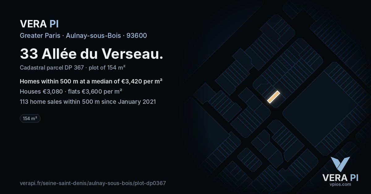 33 Allée du Verseau, Aulnay-sous-Bois at night – the plot lit, the parcels around coloured by the prices near them
