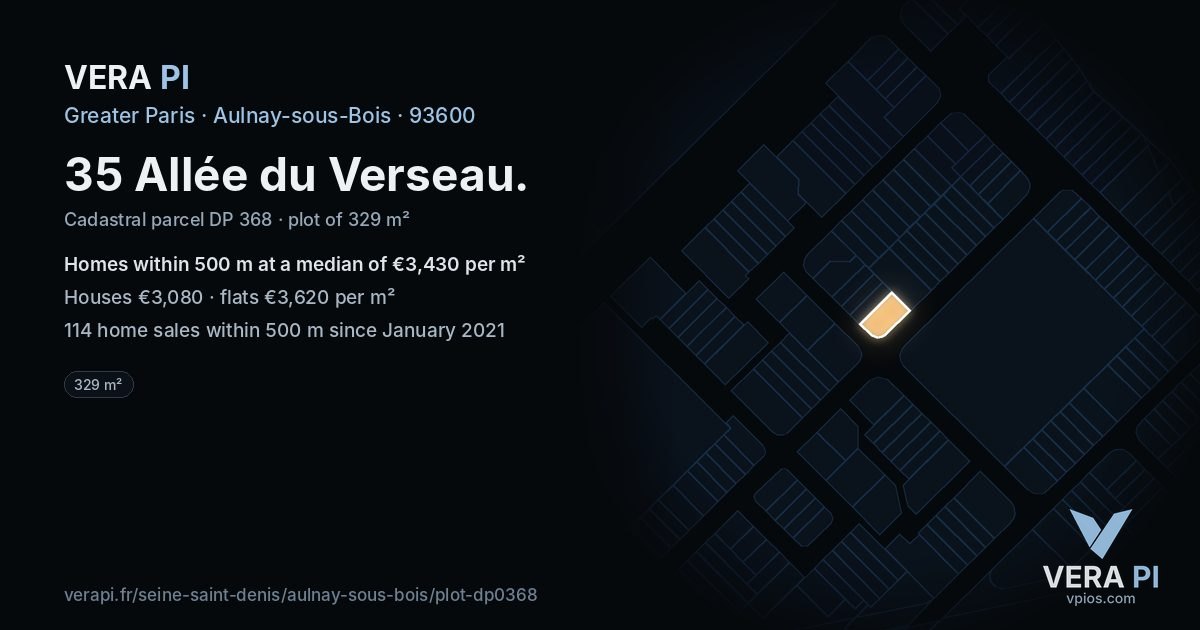 35 Allée du Verseau, Aulnay-sous-Bois at night – the plot lit, the parcels around coloured by the prices near them
