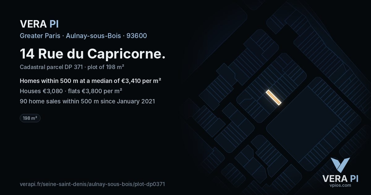 14 Rue du Capricorne, Aulnay-sous-Bois at night – the plot lit, the parcels around coloured by the prices near them
