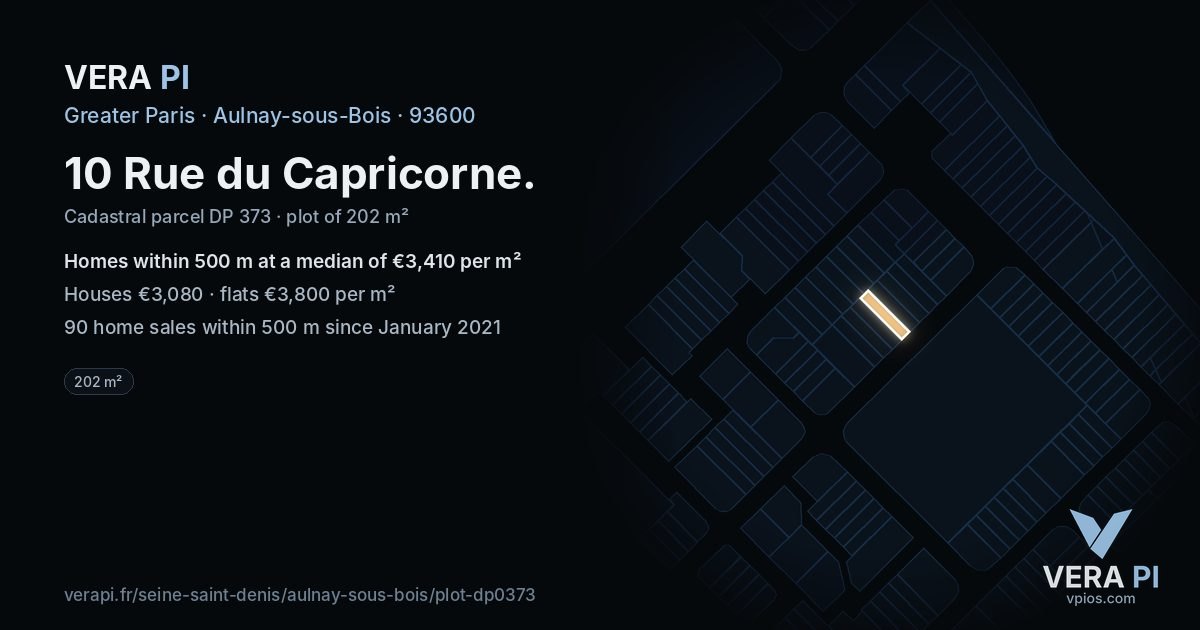 10 Rue du Capricorne, Aulnay-sous-Bois at night – the plot lit, the parcels around coloured by the prices near them