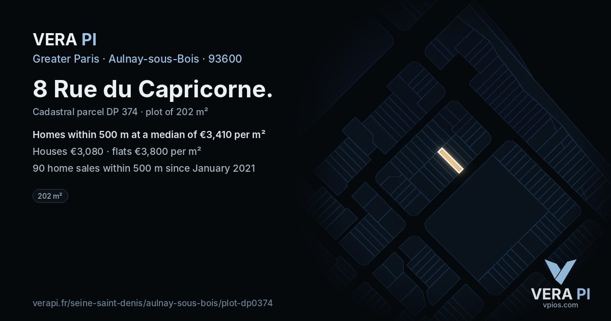 8 Rue du Capricorne, Aulnay-sous-Bois at night – the plot lit, the parcels around coloured by the prices near them