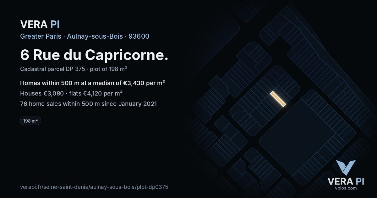 6 Rue du Capricorne, Aulnay-sous-Bois at night – the plot lit, the parcels around coloured by the prices near them