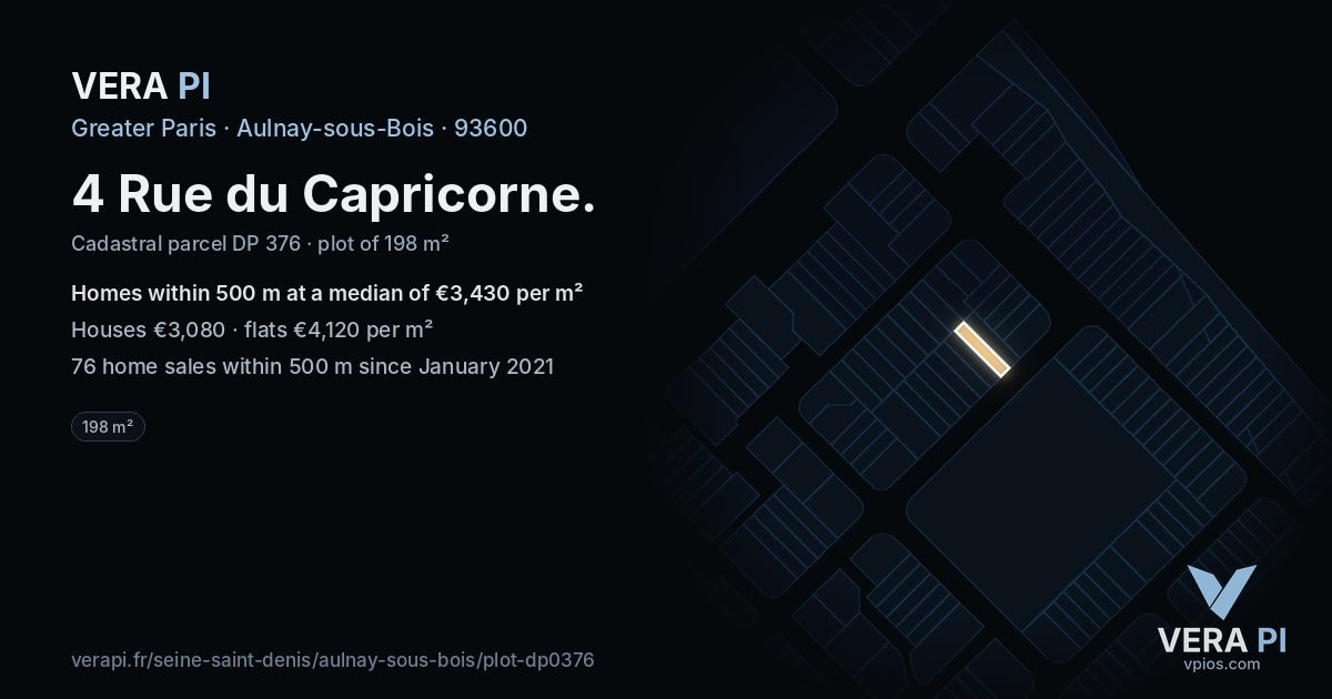 4 Rue du Capricorne, Aulnay-sous-Bois at night – the plot lit, the parcels around coloured by the prices near them