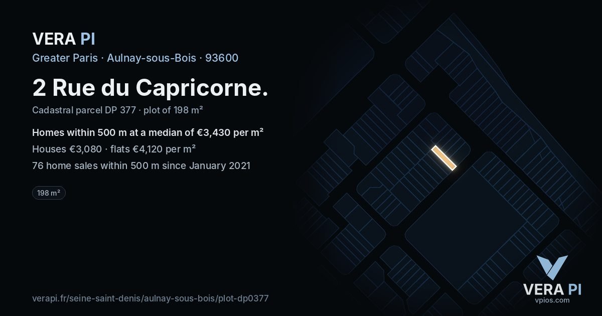 2 Rue du Capricorne, Aulnay-sous-Bois at night – the plot lit, the parcels around coloured by the prices near them