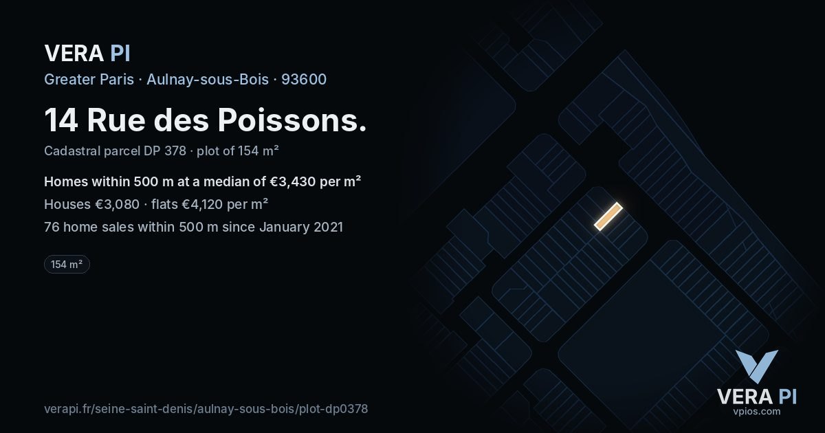14 Rue des Poissons, Aulnay-sous-Bois at night – the plot lit, the parcels around coloured by the prices near them